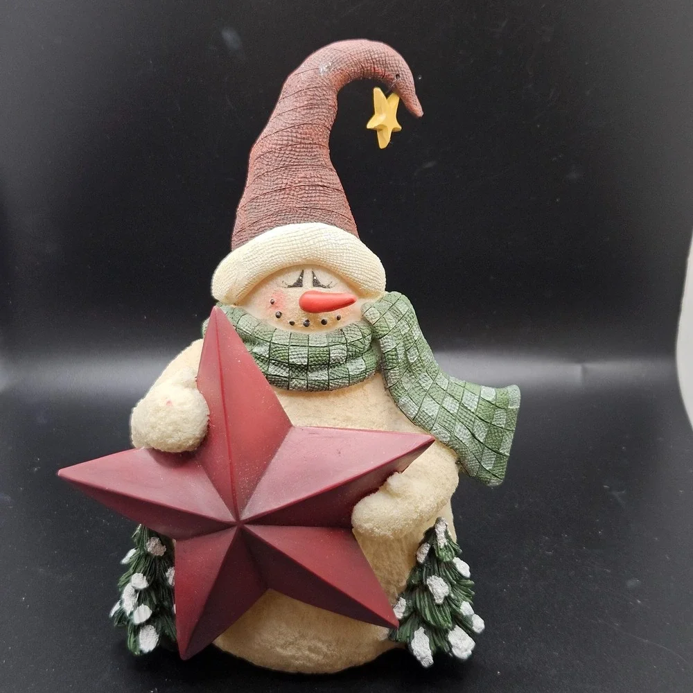 Crazy Mountain Snowman Holding Red Barn Star Figurine Christmas Decor